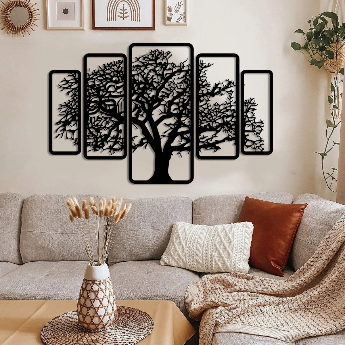 5 stuks Levensboom modern deco muurdecoratie - Wanddecoratie - Zwart - Houten art - Muurdecoratie - Line art - Wall art - Bohemian - Wandborden - Woonkamer - 105x67 cm - kerst - kerstcadeau - wanddecoratie woonkamer - kerstgeschenk
