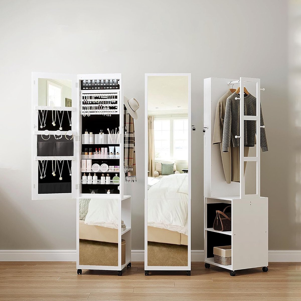 Jewellery Cabinet with Mirror - Mirror Cabinet - Jewellery Armoire - Full-Length Mirror - Make-up Cabinet on Wheels - Bedroom & Bathroom - 117x44x20 cm - Standing - White