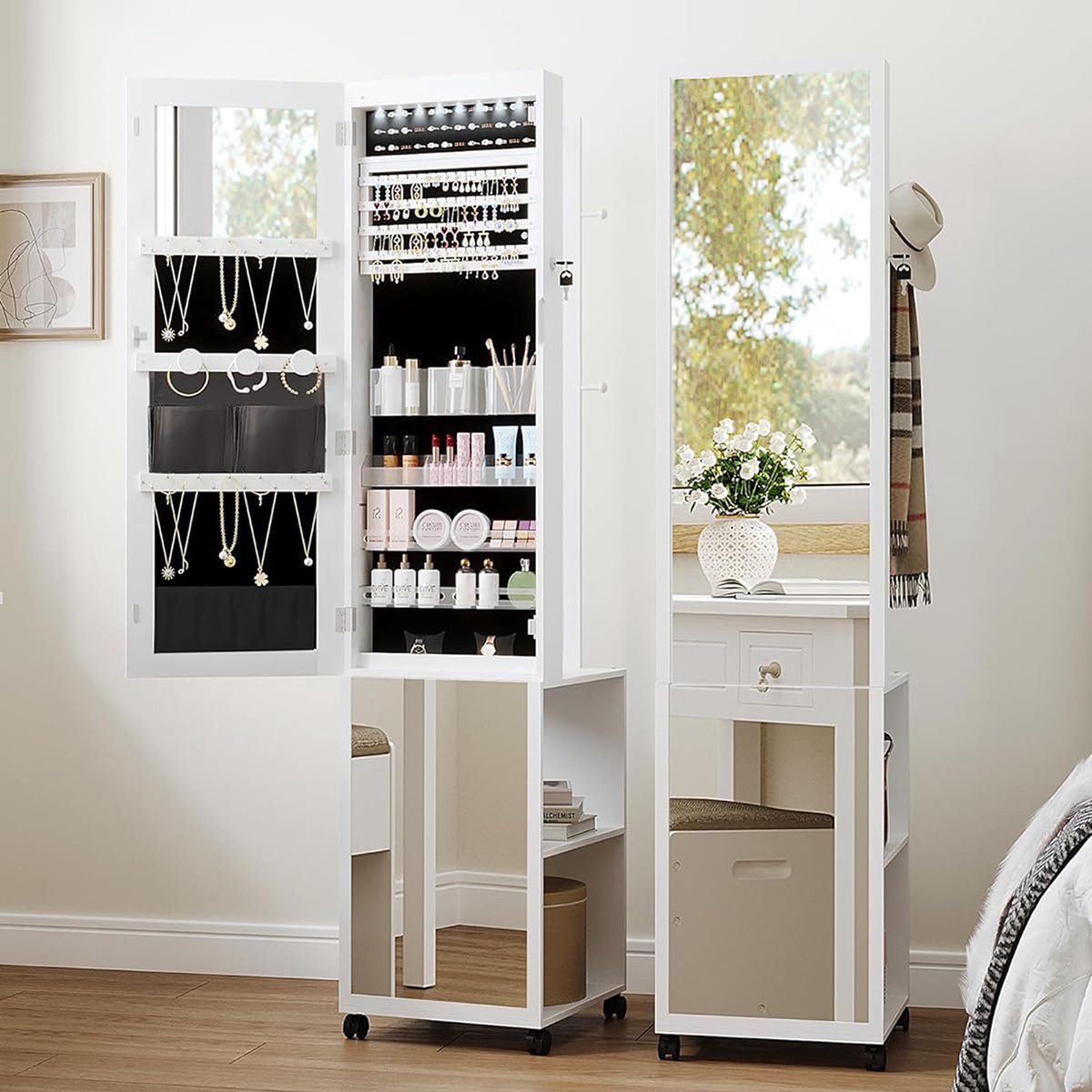 Jewellery Cabinet with Mirror - Mirror Cabinet - Jewellery Armoire - Full-Length Mirror - Make-up Cabinet on Wheels - Bedroom & Bathroom - 117x44x20 cm - Standing - White