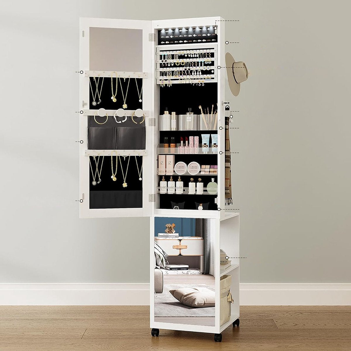 Jewellery Cabinet with Mirror - Mirror Cabinet - Jewellery Armoire - Full-Length Mirror - Make-up Cabinet on Wheels - Bedroom & Bathroom - 117x44x20 cm - Standing - White