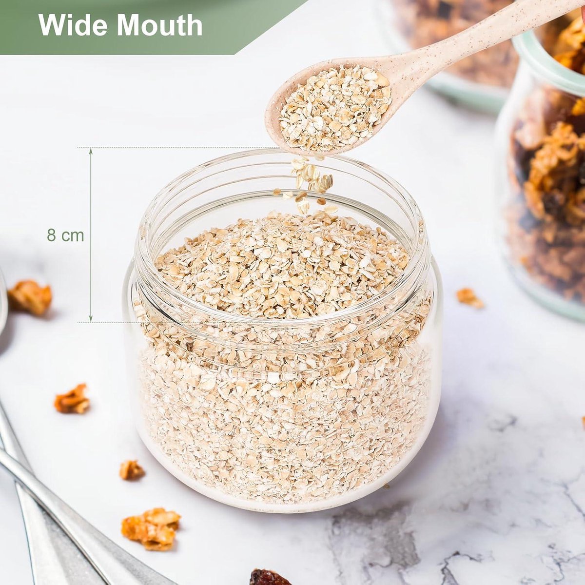 Mueslibeker 300ml 2 stuks - potjes voor overnight oats - luchtdicht deksel - voorraadpotjes - ronde glazen bakjes - meal prep - yoghurt muesli pap - groene deksel