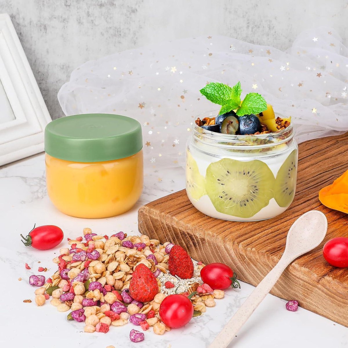 Mueslibeker 300ml 2 stuks - potjes voor overnight oats - luchtdicht deksel - voorraadpotjes - ronde glazen bakjes - meal prep - yoghurt muesli pap - groene deksel