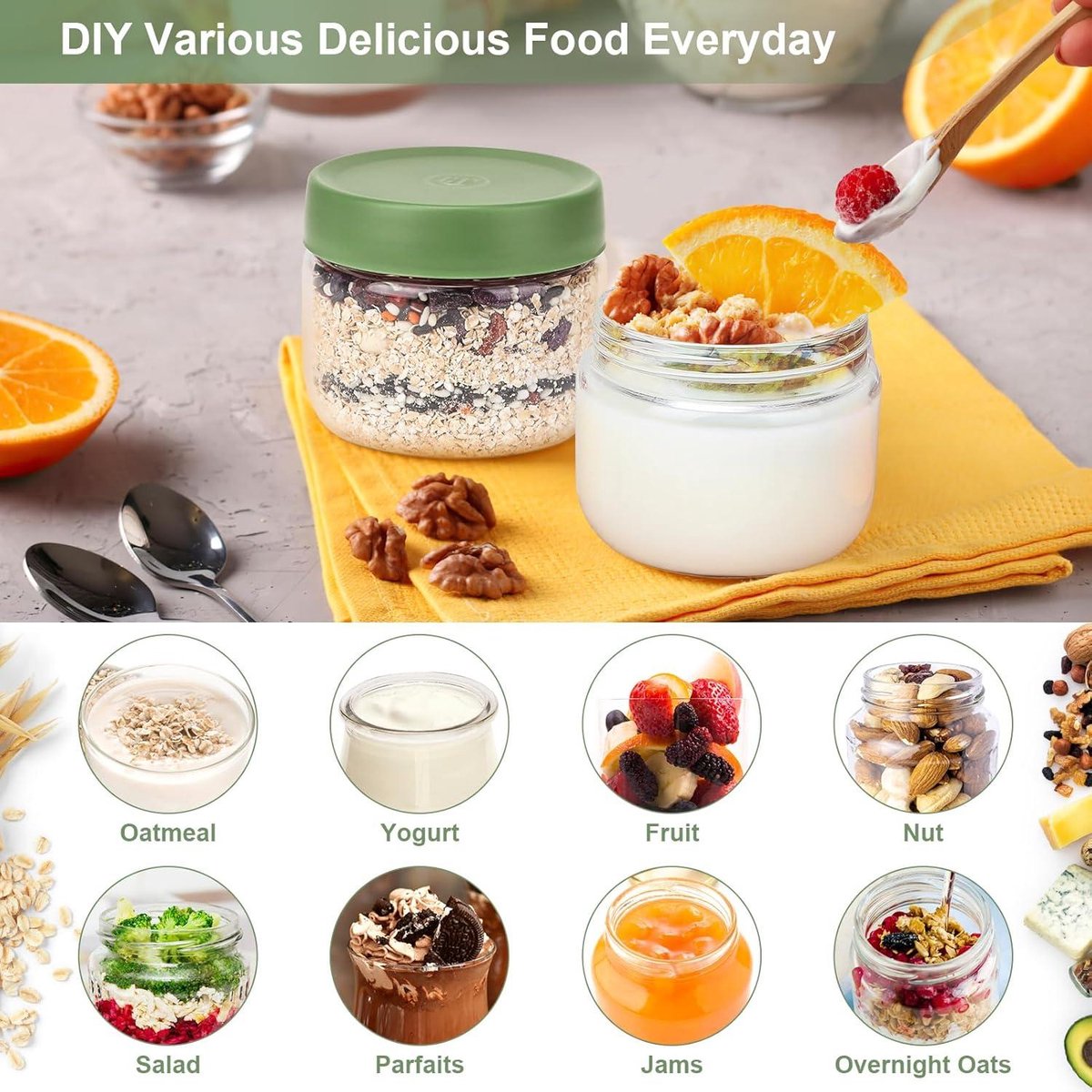 Mueslibeker 300ml 2 stuks - potjes voor overnight oats - luchtdicht deksel - voorraadpotjes - ronde glazen bakjes - meal prep - yoghurt muesli pap - groene deksel