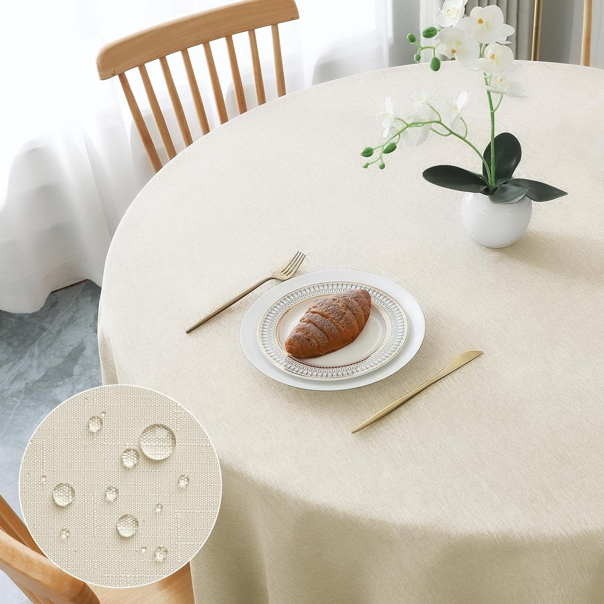Rond tafelkleed, diameter 180 cm, beige linnenlook, afwasbaar, polyester tafelkleed, waterafstotend, met lotuseffect, duurzaam, krasbestendig, voor woonkamer, eetkamer, balkon, tuin