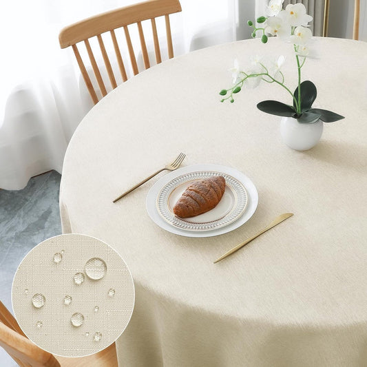 Rond tafelkleed, diameter 180 cm, beige linnenlook, afwasbaar, polyester tafelkleed, waterafstotend, met lotuseffect, duurzaam, krasbestendig, voor woonkamer, eetkamer, balkon, tuin
