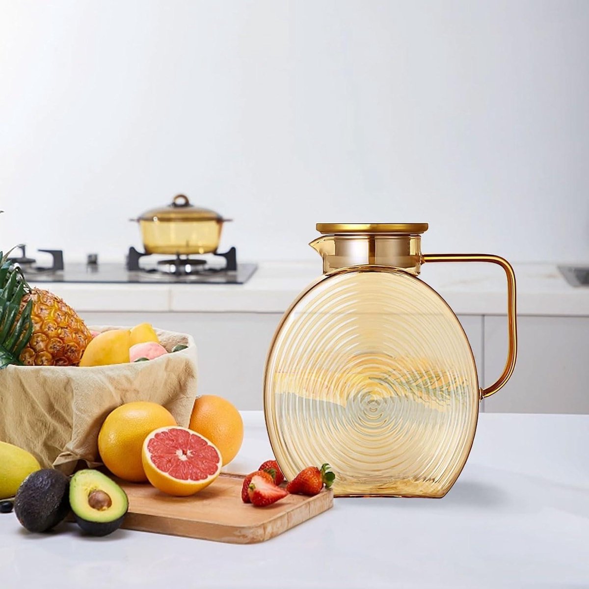 Waterkaraf - Waterkan 2,2 liter roestvrijstalen deksel druppelvrije glazen kan hittebestendig explosiebestendig amberkleurig glas waterkan koelkastbestendig