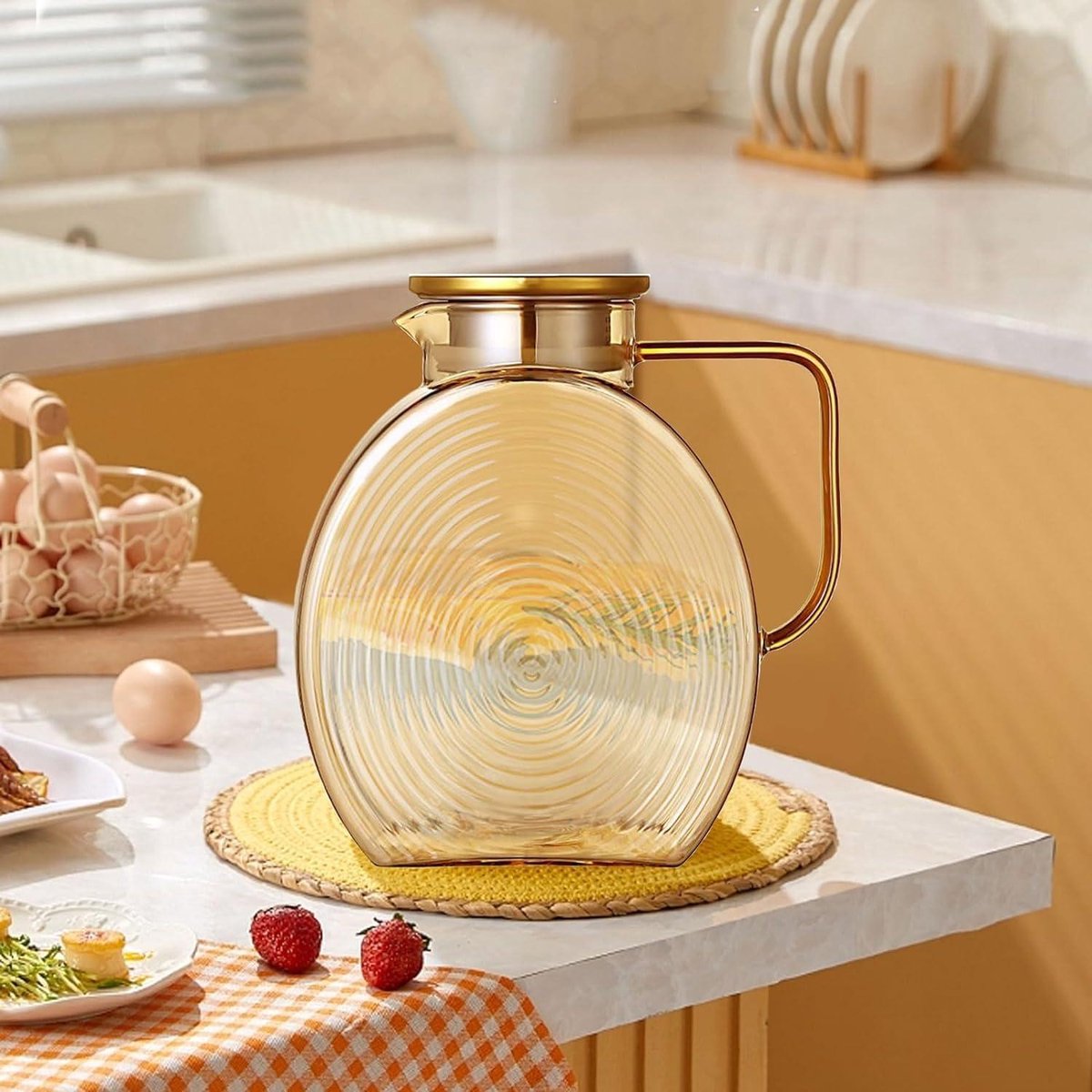 Waterkaraf - Waterkan 2,2 liter roestvrijstalen deksel druppelvrije glazen kan hittebestendig explosiebestendig amberkleurig glas waterkan koelkastbestendig