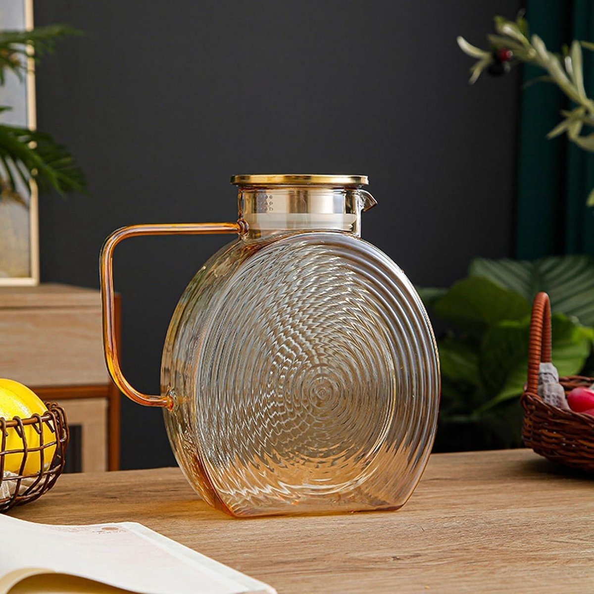 Waterkaraf - Waterkan 2,2 liter roestvrijstalen deksel druppelvrije glazen kan hittebestendig explosiebestendig amberkleurig glas waterkan koelkastbestendig