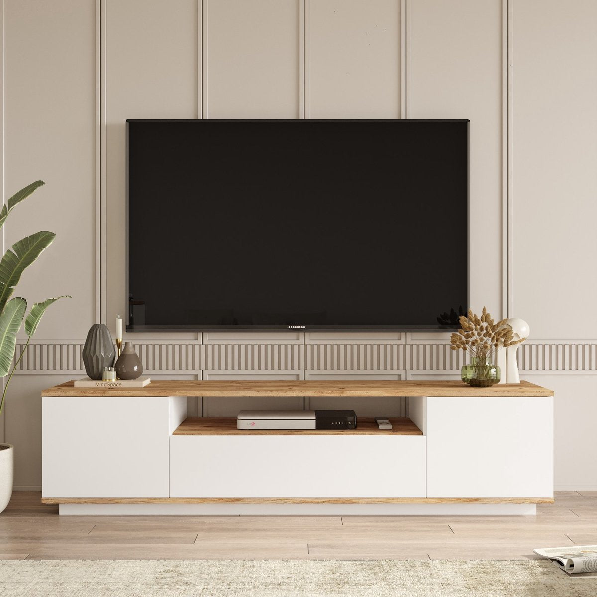 TV meubel wit met hout - eiken & wit - 180x44,6x44,5cm - tv-meubel hout - tv-meubel wit