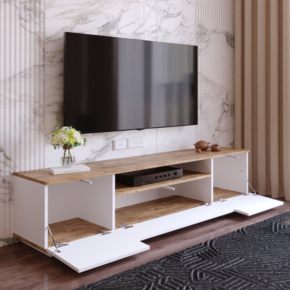 TV meubel wit met hout - eiken & wit - 180x44,6x44,5cm - tv-meubel hout - tv-meubel wit