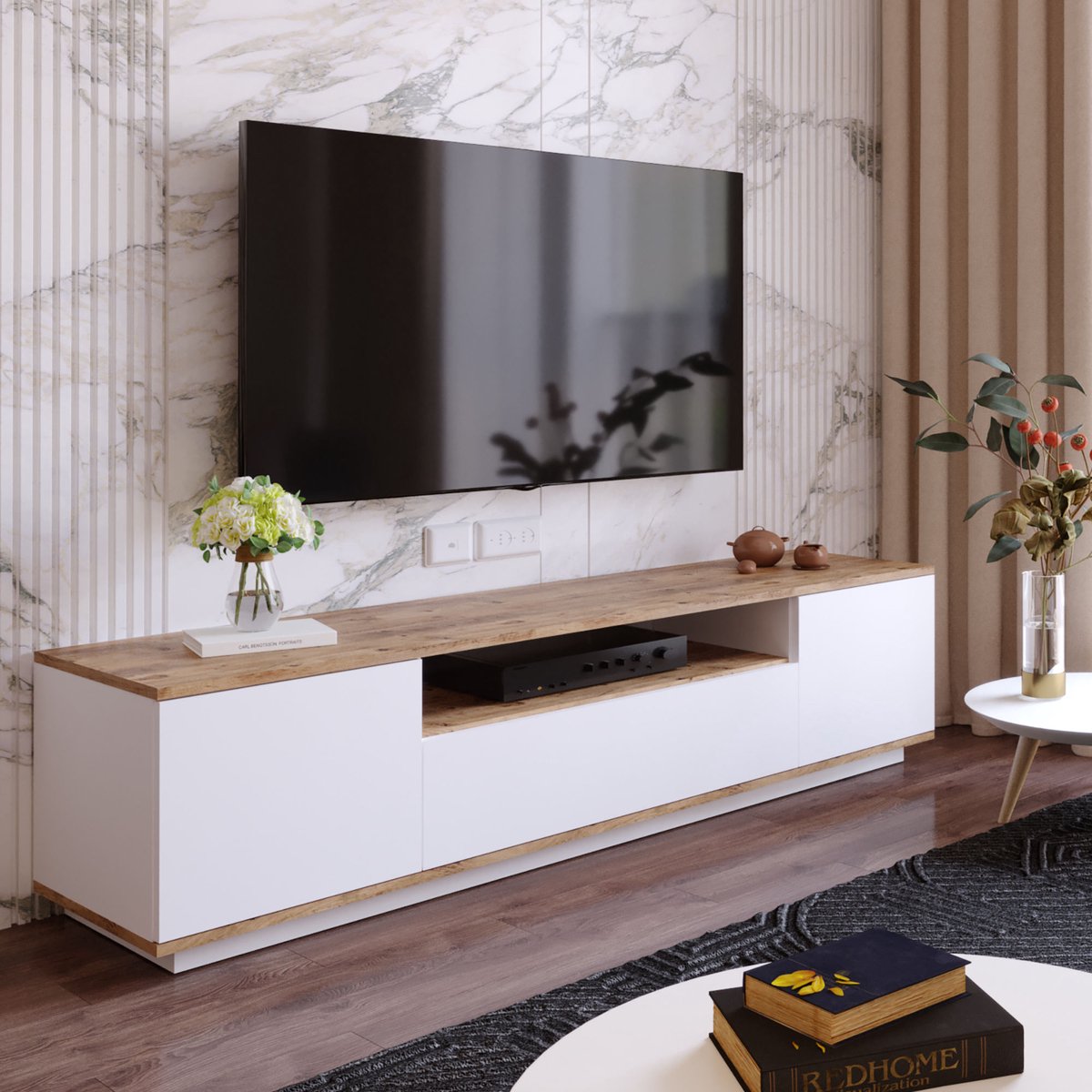 TV meubel wit met hout - eiken & wit - 180x44,6x44,5cm - tv-meubel hout - tv-meubel wit