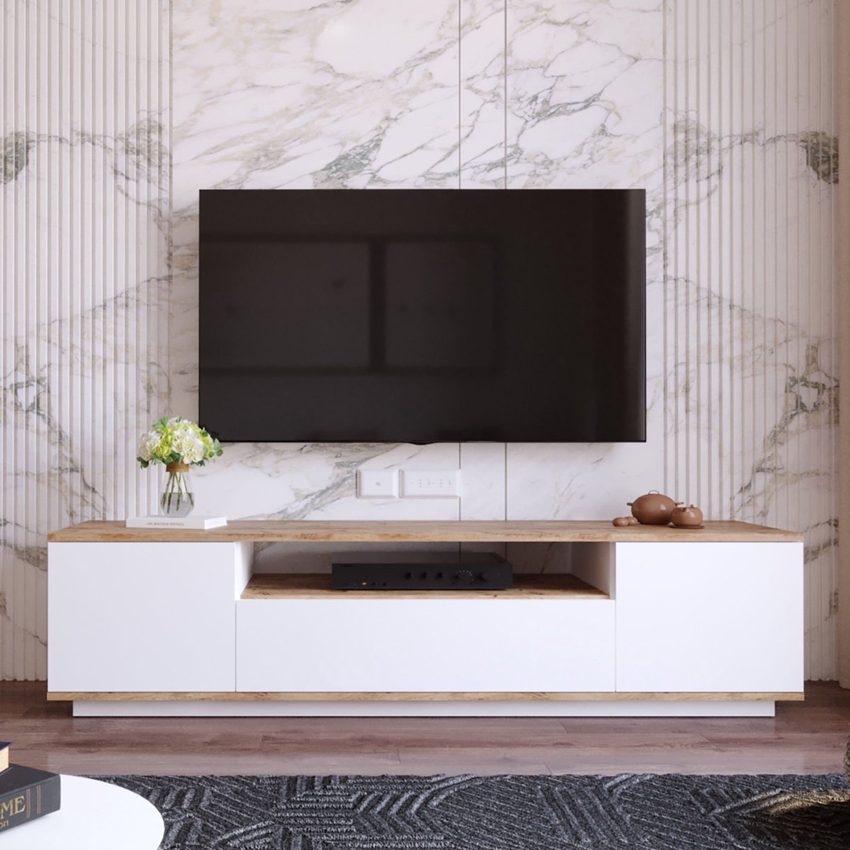 TV meubel wit met hout - eiken & wit - 180x44,6x44,5cm - tv-meubel hout - tv-meubel wit