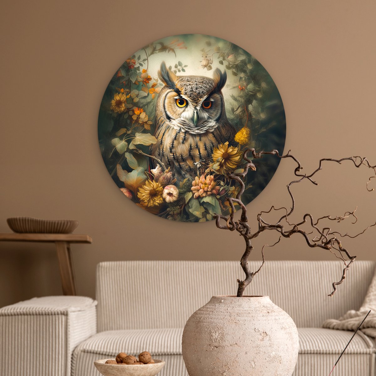 WallCircle® Wandcirkel 60x60 cm - Muurcirkel Uil - Vogels - Bloemen - Natuur - Portret - Dieren - Muurdecoratie woonkamer - Wanddecoratie slaapkamer - Kamer decoratie accessoires - Ronde schilderijen - Woonaccessoires cirkel binnen