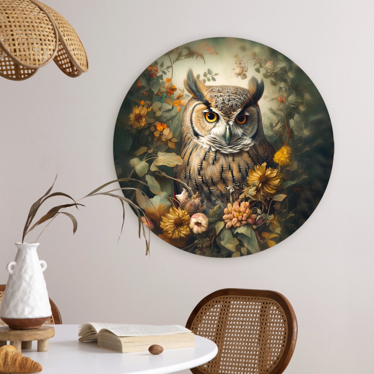 WallCircle® Wandcirkel 60x60 cm - Muurcirkel Uil - Vogels - Bloemen - Natuur - Portret - Dieren - Muurdecoratie woonkamer - Wanddecoratie slaapkamer - Kamer decoratie accessoires - Ronde schilderijen - Woonaccessoires cirkel binnen