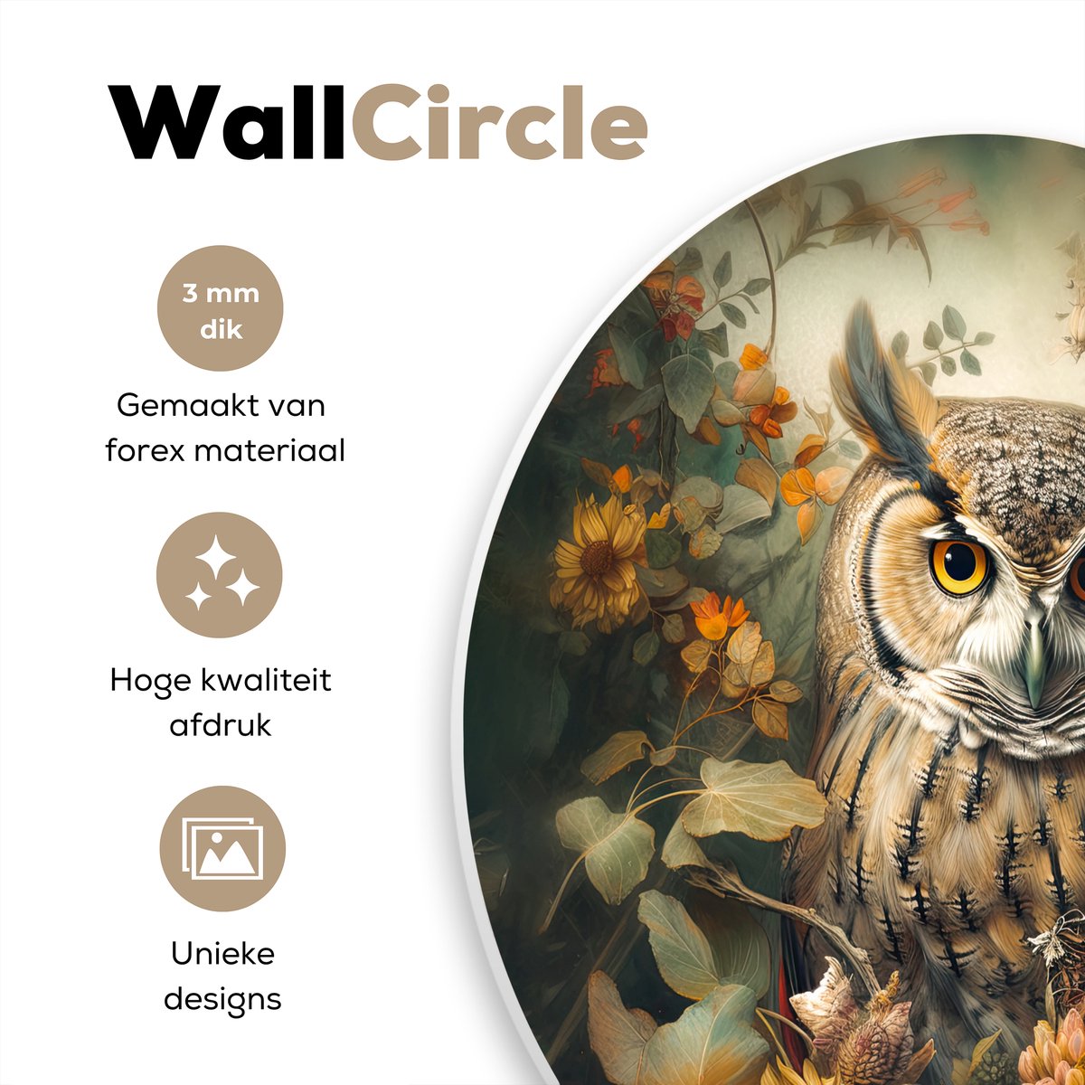 WallCircle® Wandcirkel 60x60 cm - Muurcirkel Uil - Vogels - Bloemen - Natuur - Portret - Dieren - Muurdecoratie woonkamer - Wanddecoratie slaapkamer - Kamer decoratie accessoires - Ronde schilderijen - Woonaccessoires cirkel binnen