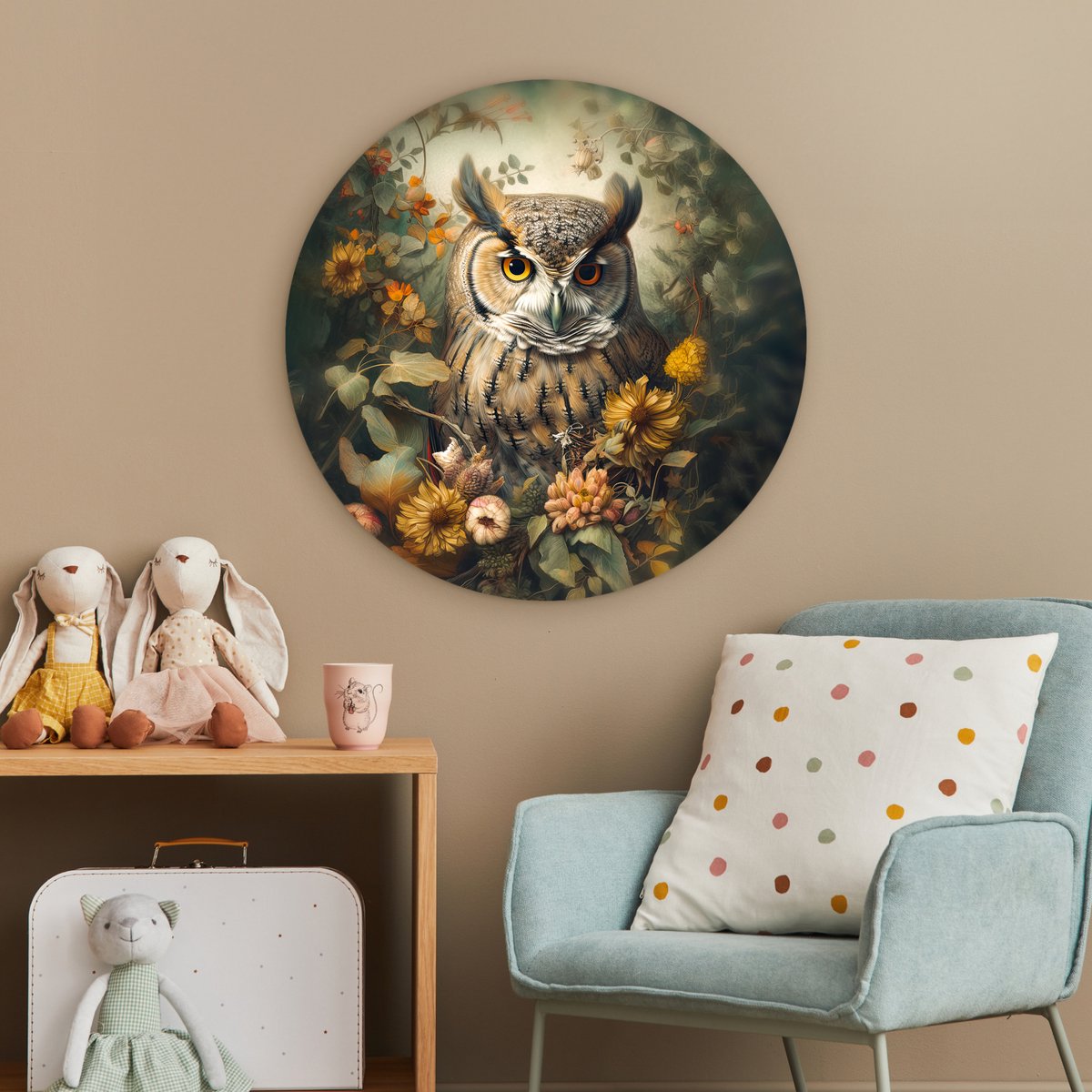 WallCircle® Wandcirkel 60x60 cm - Muurcirkel Uil - Vogels - Bloemen - Natuur - Portret - Dieren - Muurdecoratie woonkamer - Wanddecoratie slaapkamer - Kamer decoratie accessoires - Ronde schilderijen - Woonaccessoires cirkel binnen