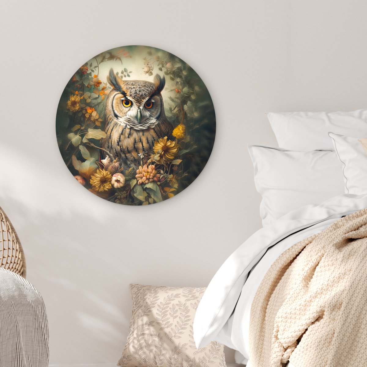 WallCircle® Wandcirkel 60x60 cm - Muurcirkel Uil - Vogels - Bloemen - Natuur - Portret - Dieren - Muurdecoratie woonkamer - Wanddecoratie slaapkamer - Kamer decoratie accessoires - Ronde schilderijen - Woonaccessoires cirkel binnen