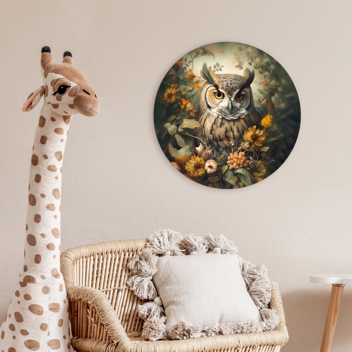 WallCircle® Wandcirkel 60x60 cm - Muurcirkel Uil - Vogels - Bloemen - Natuur - Portret - Dieren - Muurdecoratie woonkamer - Wanddecoratie slaapkamer - Kamer decoratie accessoires - Ronde schilderijen - Woonaccessoires cirkel binnen