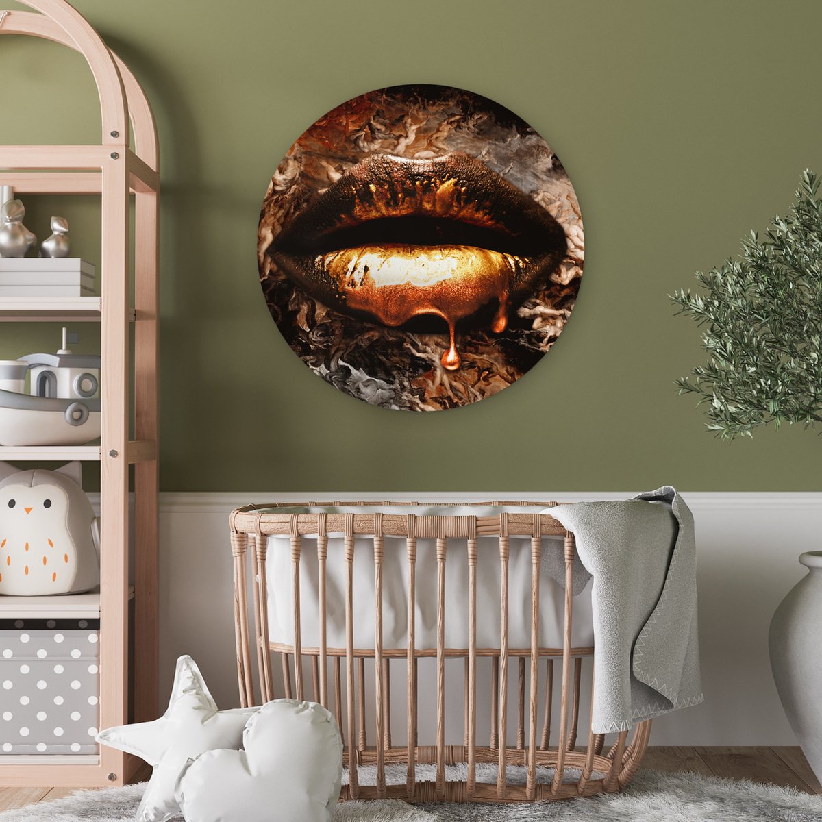 WallCircle - Wandcirkel 60x60 - Goud - Lippen - Kunst - Goud - Luxe - Abstract - Ronde schilderijen woonkamer - Wandbord rond - Muurdecoratie cirkel - Kamer decoratie binnen - Wanddecoratie muurcirkel - Woonaccessoires