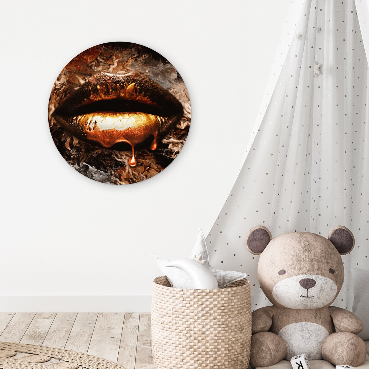 WallCircle - Wandcirkel 60x60 - Goud - Lippen - Kunst - Goud - Luxe - Abstract - Ronde schilderijen woonkamer - Wandbord rond - Muurdecoratie cirkel - Kamer decoratie binnen - Wanddecoratie muurcirkel - Woonaccessoires