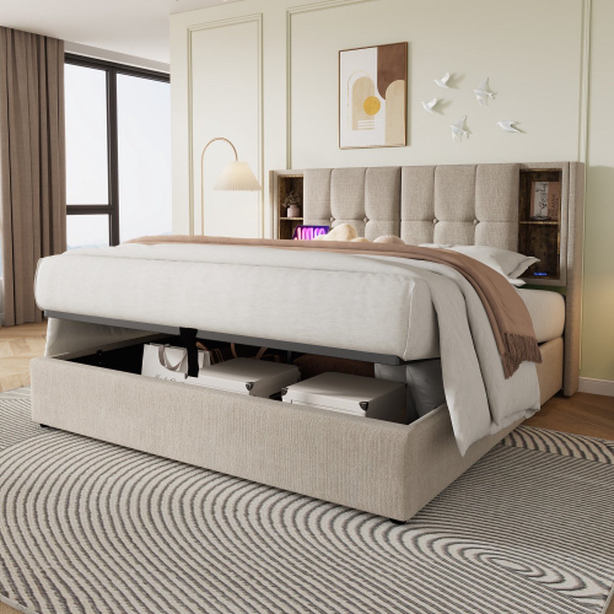 160x200 cm Tweepersoonsbedden met laden, bedbodem met opbergruimte, natuurlijke houten lattenbodem, beige