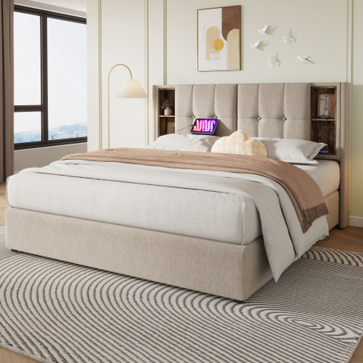 160x200 cm Tweepersoonsbedden met laden, bedbodem met opbergruimte, natuurlijke houten lattenbodem, beige
