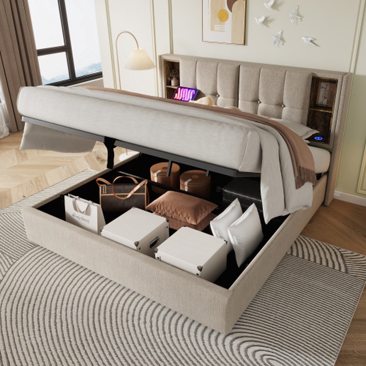 160x200 cm Tweepersoonsbedden met laden, bedbodem met opbergruimte, natuurlijke houten lattenbodem, beige