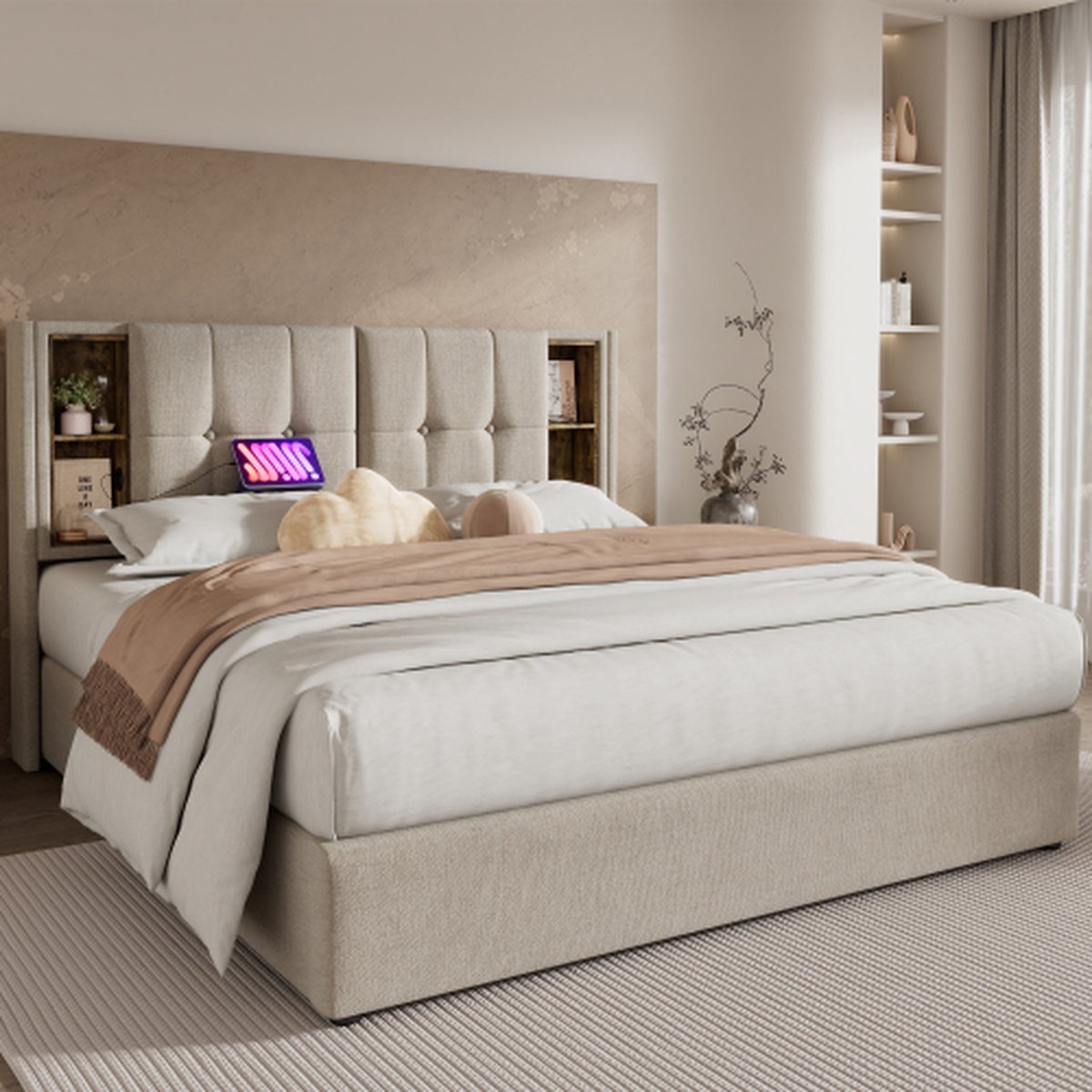 160x200 cm Tweepersoonsbedden met laden, bedbodem met opbergruimte, natuurlijke houten lattenbodem, beige