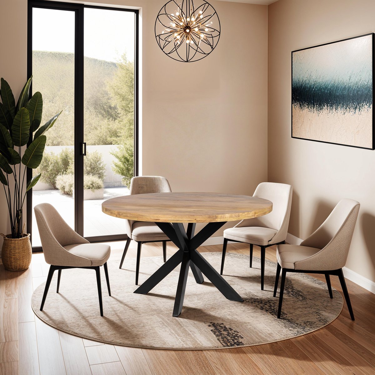 EN - Round dining table - 110 cm in diameter - mango wood - black metal leg