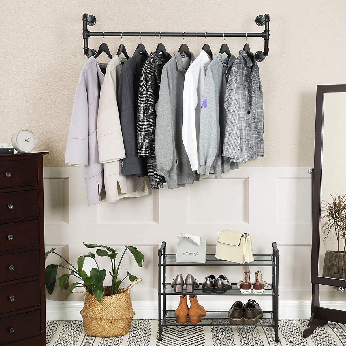 Kledingroede Set van 2, Kledingrekken in industrieel design, Wandmontage, Ruimtebesparend, 110 x 30 x 29,3 cm, Tot 60 kg belastbaar, Eenvoudige montage, Voor kleine ruimtes, Zwart