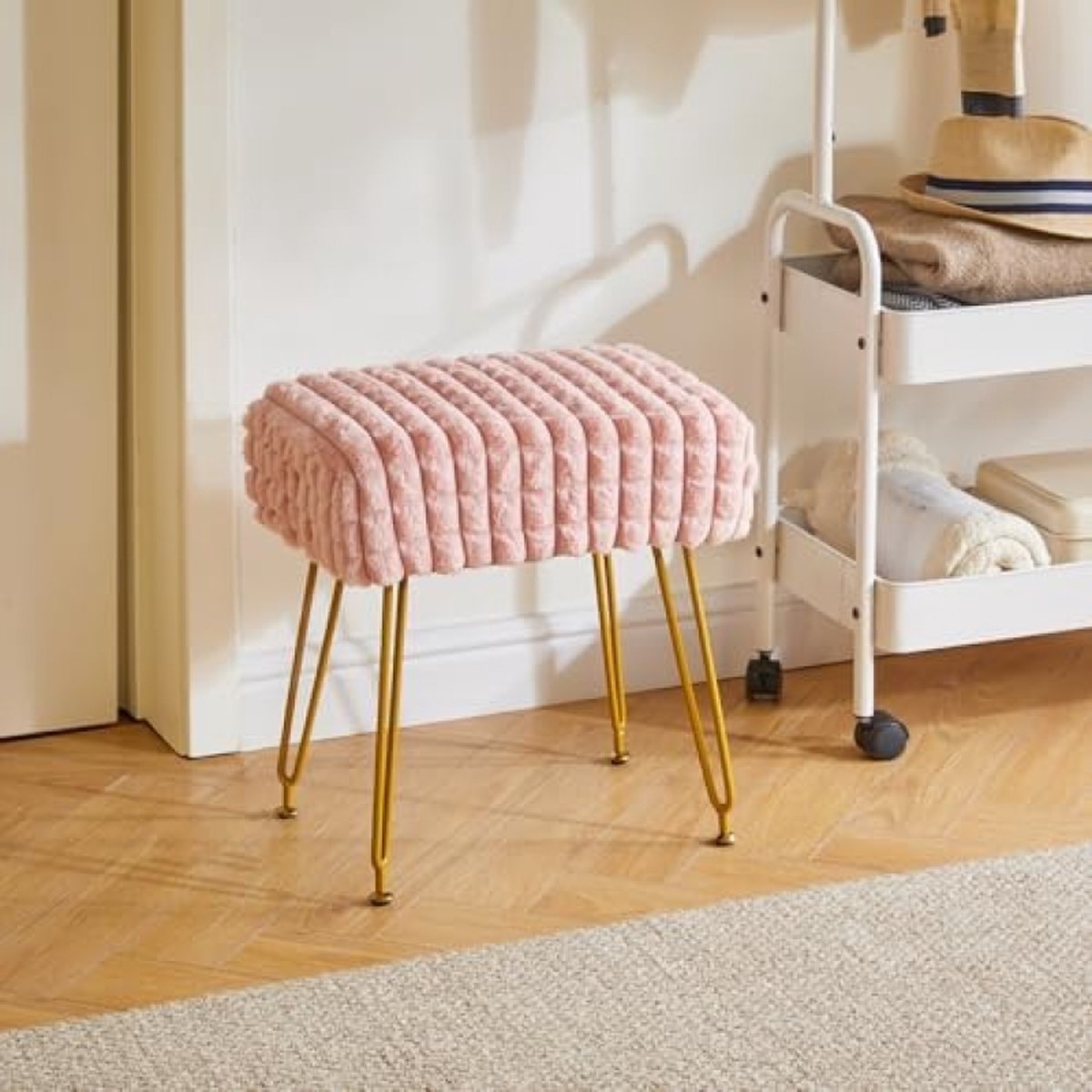 Rectangle footstool ottoman, make-up vanity stool side table, Velvet dressing table chair, Pouf bench stool, Golden steel legs, Square grid pattern, Pink