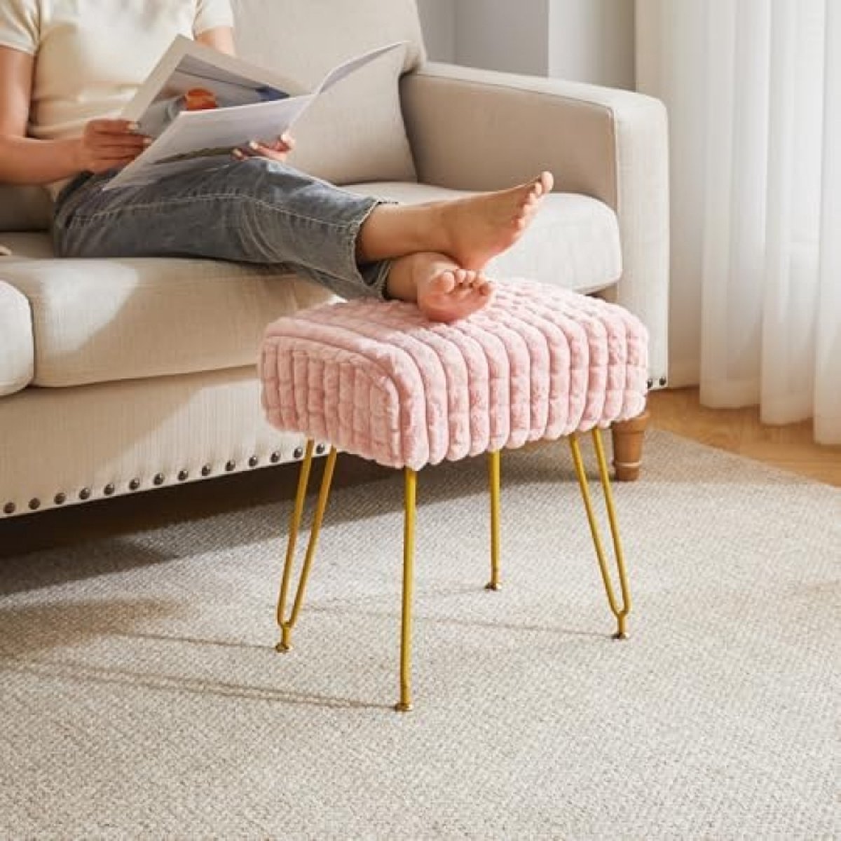 Rectangle footstool ottoman, make-up vanity stool side table, Velvet dressing table chair, Pouf bench stool, Golden steel legs, Square grid pattern, Pink