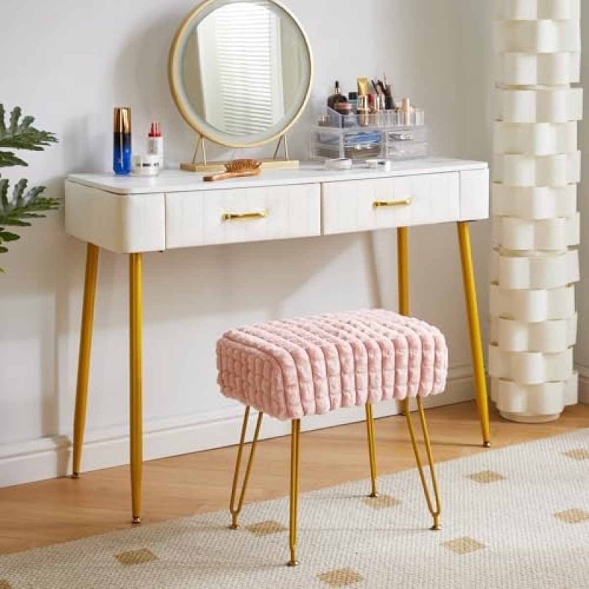 Rectangle footstool ottoman, make-up vanity stool side table, Velvet dressing table chair, Pouf bench stool, Golden steel legs, Square grid pattern, Pink