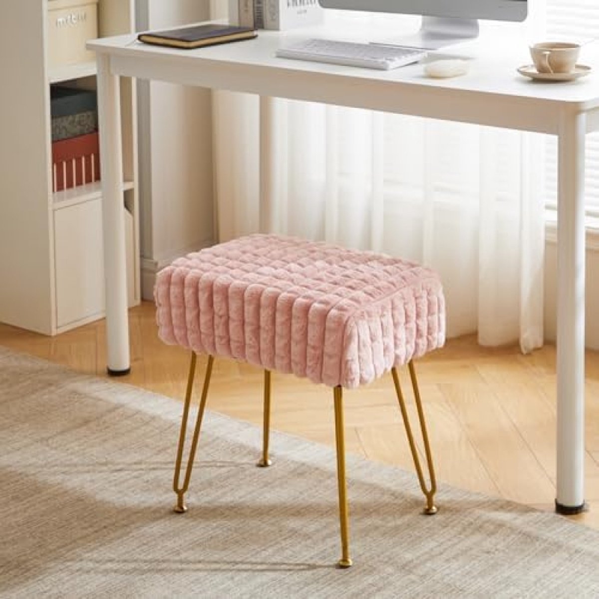 Rectangle footstool ottoman, make-up vanity stool side table, Velvet dressing table chair, Pouf bench stool, Golden steel legs, Square grid pattern, Pink