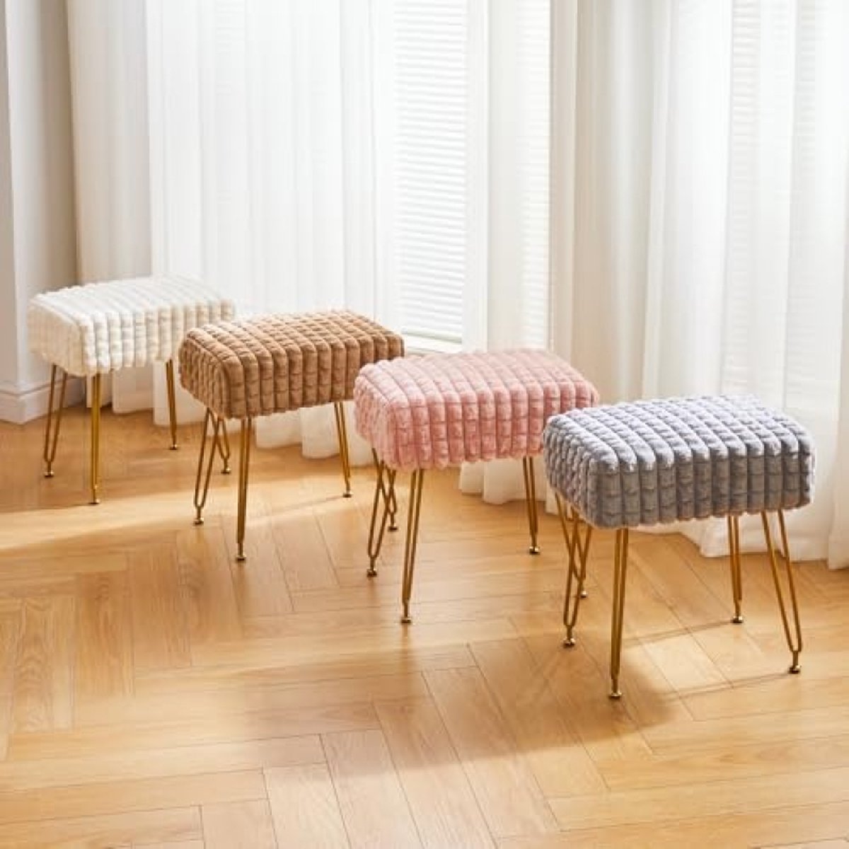 Rectangle footstool ottoman, make-up vanity stool side table, Velvet dressing table chair, Pouf bench stool, Golden steel legs, Square grid pattern, Pink