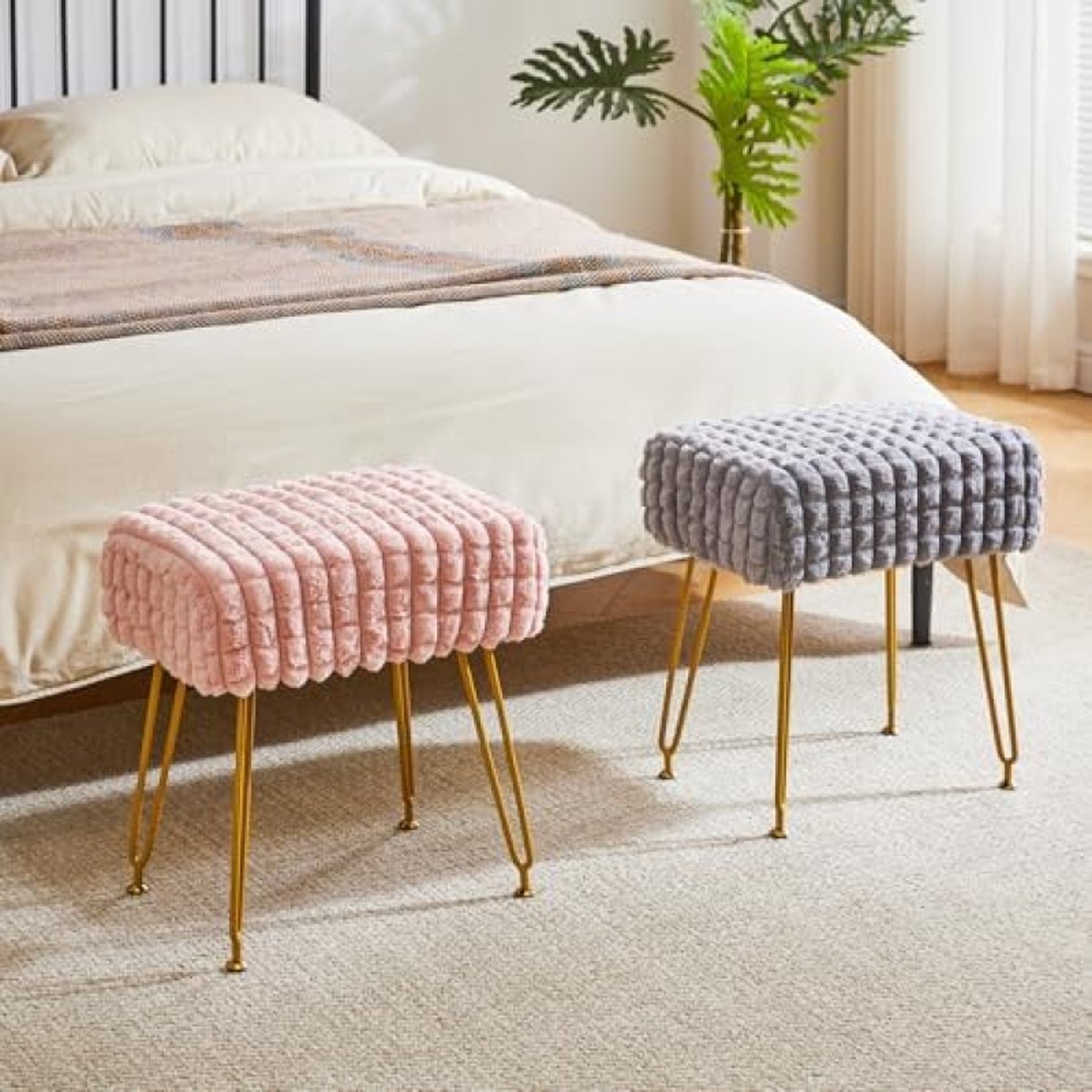 Rectangle footstool ottoman, make-up vanity stool side table, Velvet dressing table chair, Pouf bench stool, Golden steel legs, Square grid pattern, Pink