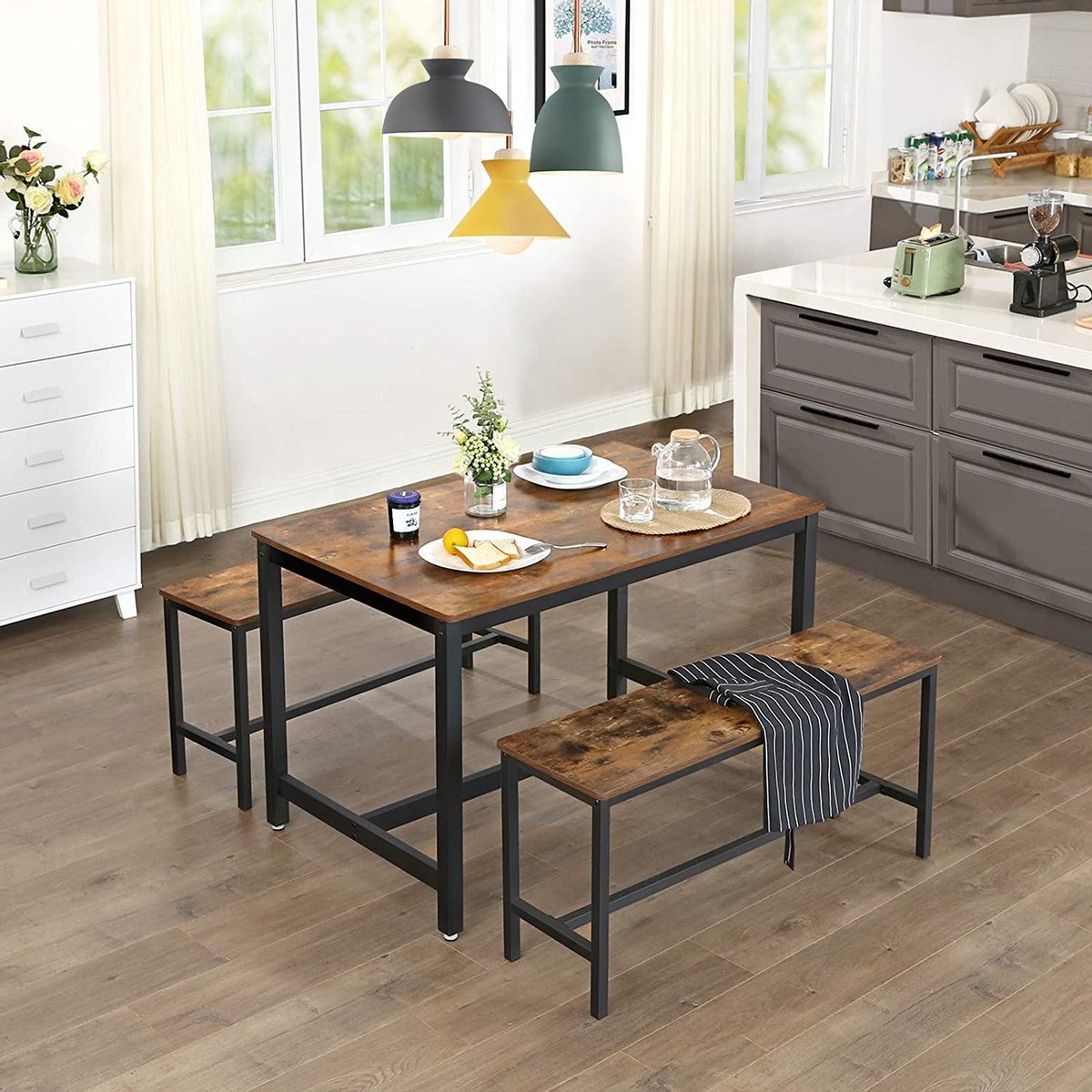 Benches for dining table - set of 2 - kitchen benches - 108 x 32.5 x 50 cm - vintage brown/black