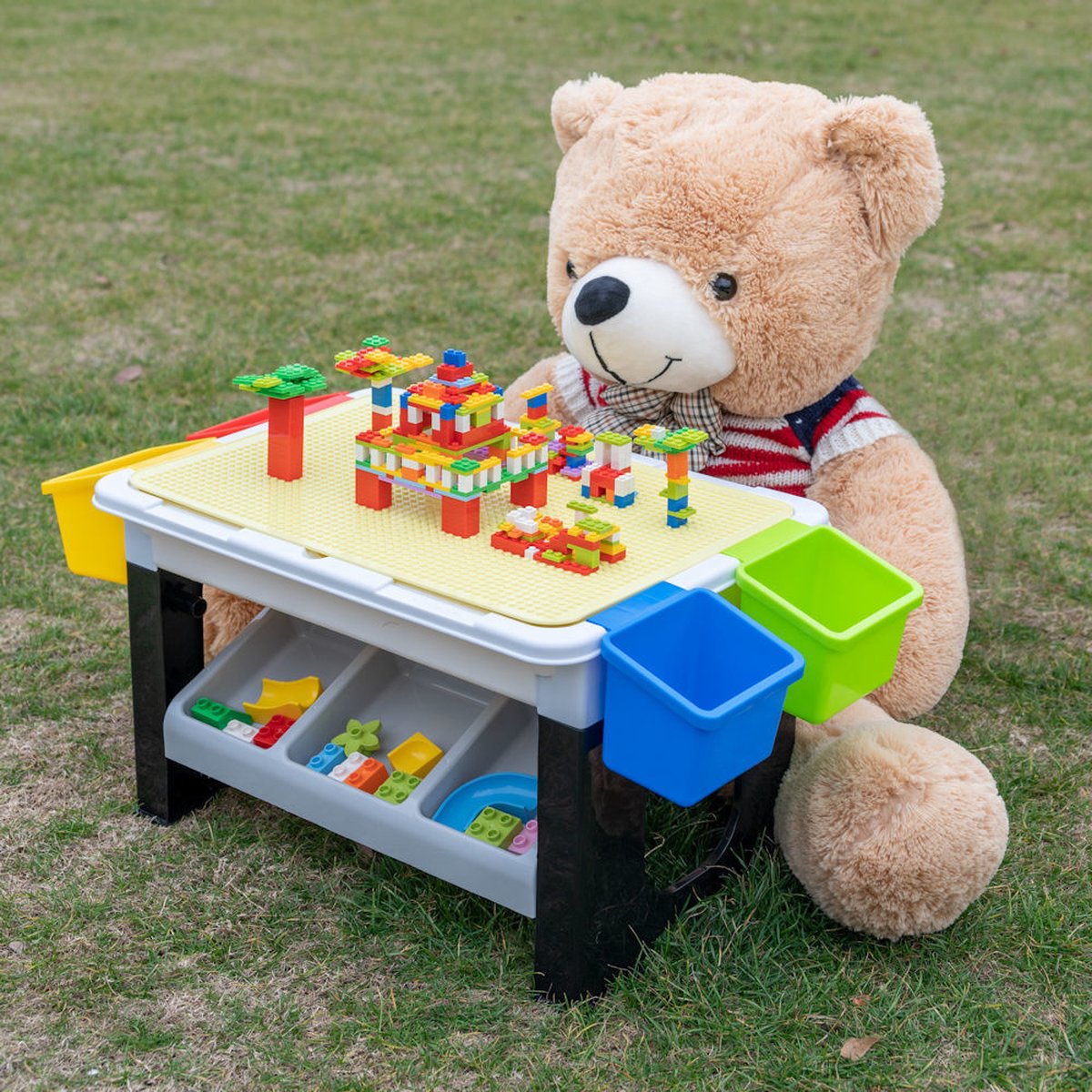 Decopatent® - Speeltafel met bouwplaat en vlakke kant. Kindertafel met 7 Opbergbakken - Bouwtafel