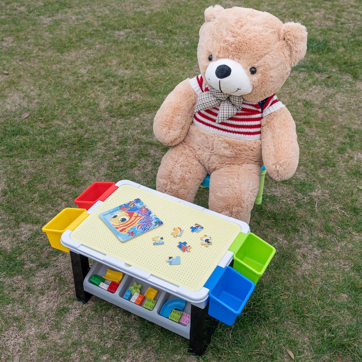 Decopatent® - Speeltafel met bouwplaat en vlakke kant. Kindertafel met 7 Opbergbakken - Bouwtafel