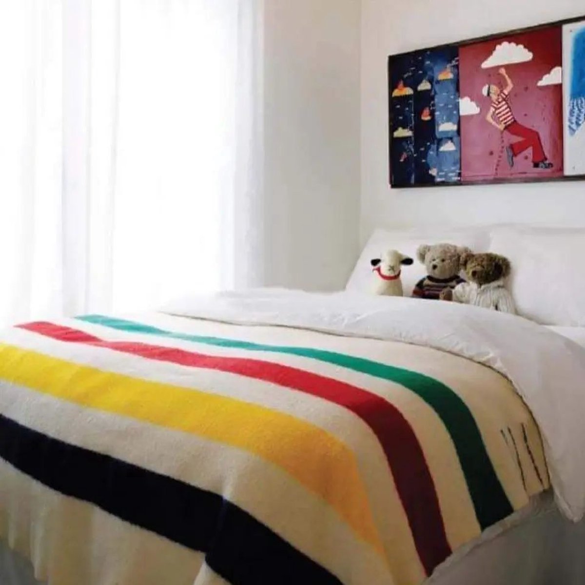 Alenika wollen deken dik Rainbow Classic - 160x210 cm - 2800g - Zuivere wol - Wolwit met gekleurde streepjes aan de uiteinden
