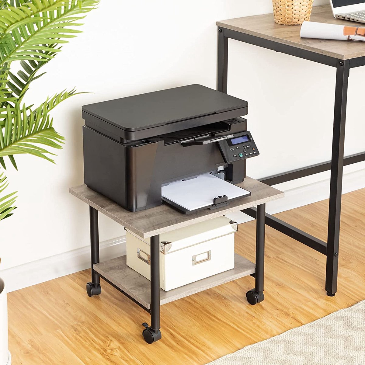 Printertafel op vergrendelbare wielen - bureau organizer - printerkast of printerwagen - printerstandaard - Kantoorkast - printer bureau industrieel - 48,5 x 40 x 36,5 cm - grijs en zwart
