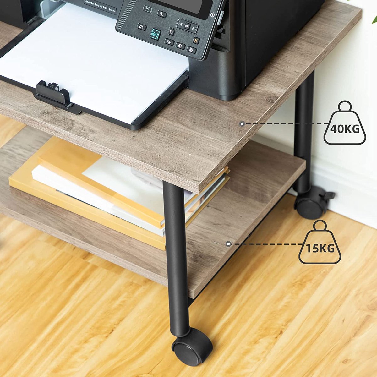 Printertafel op vergrendelbare wielen - bureau organizer - printerkast of printerwagen - printerstandaard - Kantoorkast - printer bureau industrieel - 48,5 x 40 x 36,5 cm - grijs en zwart
