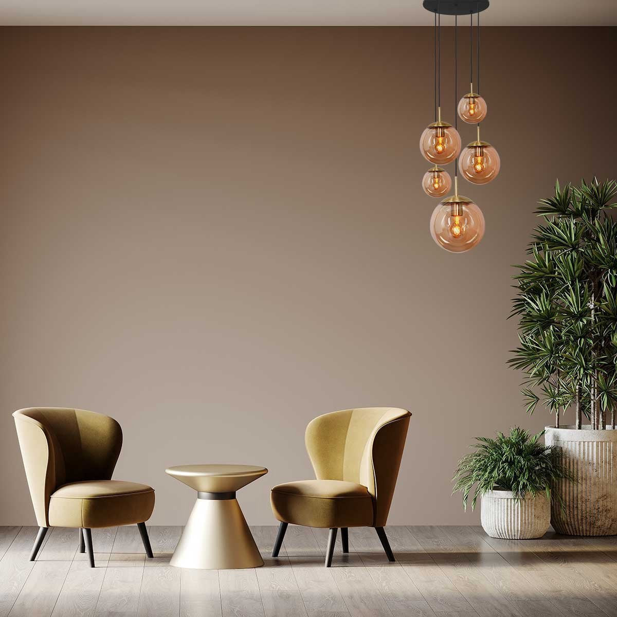 Glazen vide hanglamp Bollique | 5-lichts | amber / goud / zwart | glas / metaal | 350 cm lang | Ø 60 cm | eettafellamp | modern / sfeervol design