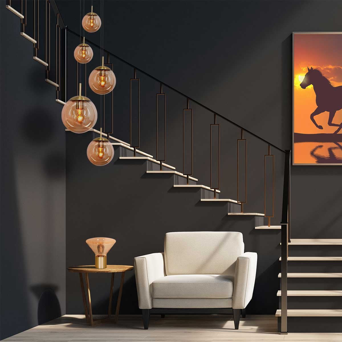 Glazen vide hanglamp Bollique | 5-lichts | amber / goud / zwart | glas / metaal | 350 cm lang | Ø 60 cm | eettafellamp | modern / sfeervol design