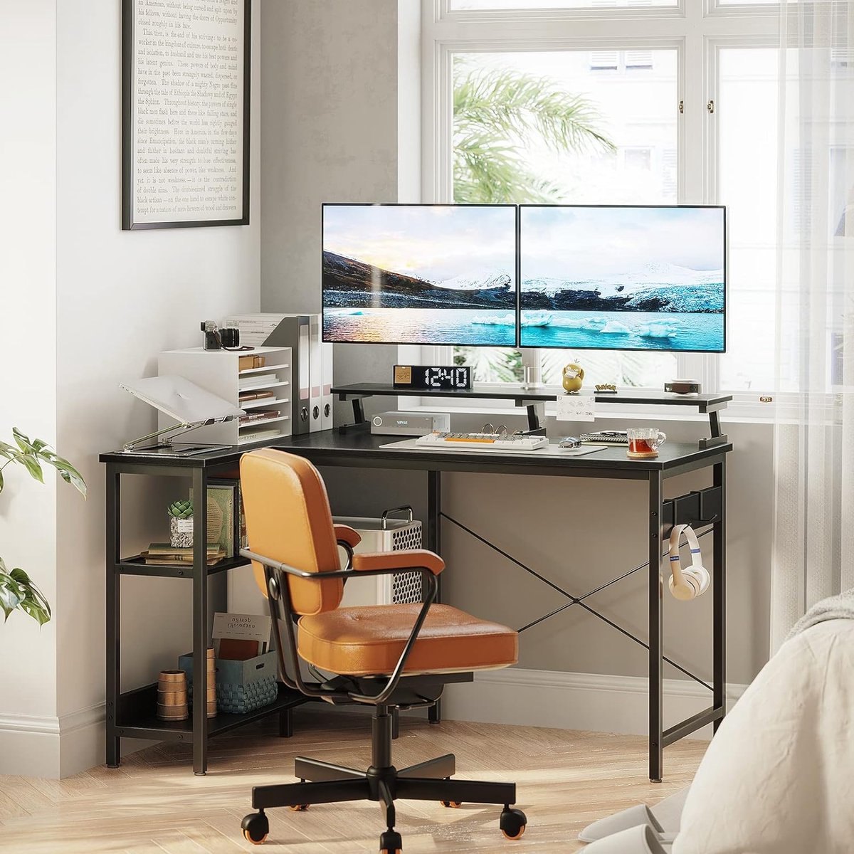 Zwart hoekbureau, L-vormig bureau met rek, omkeerbaar, gametafel, L-vorm met lange monitorstandaard, computerbureau, L-vormig, pc-tafel, kantoortafel voor thuiskantoor, 120 x 80 x 88 cm