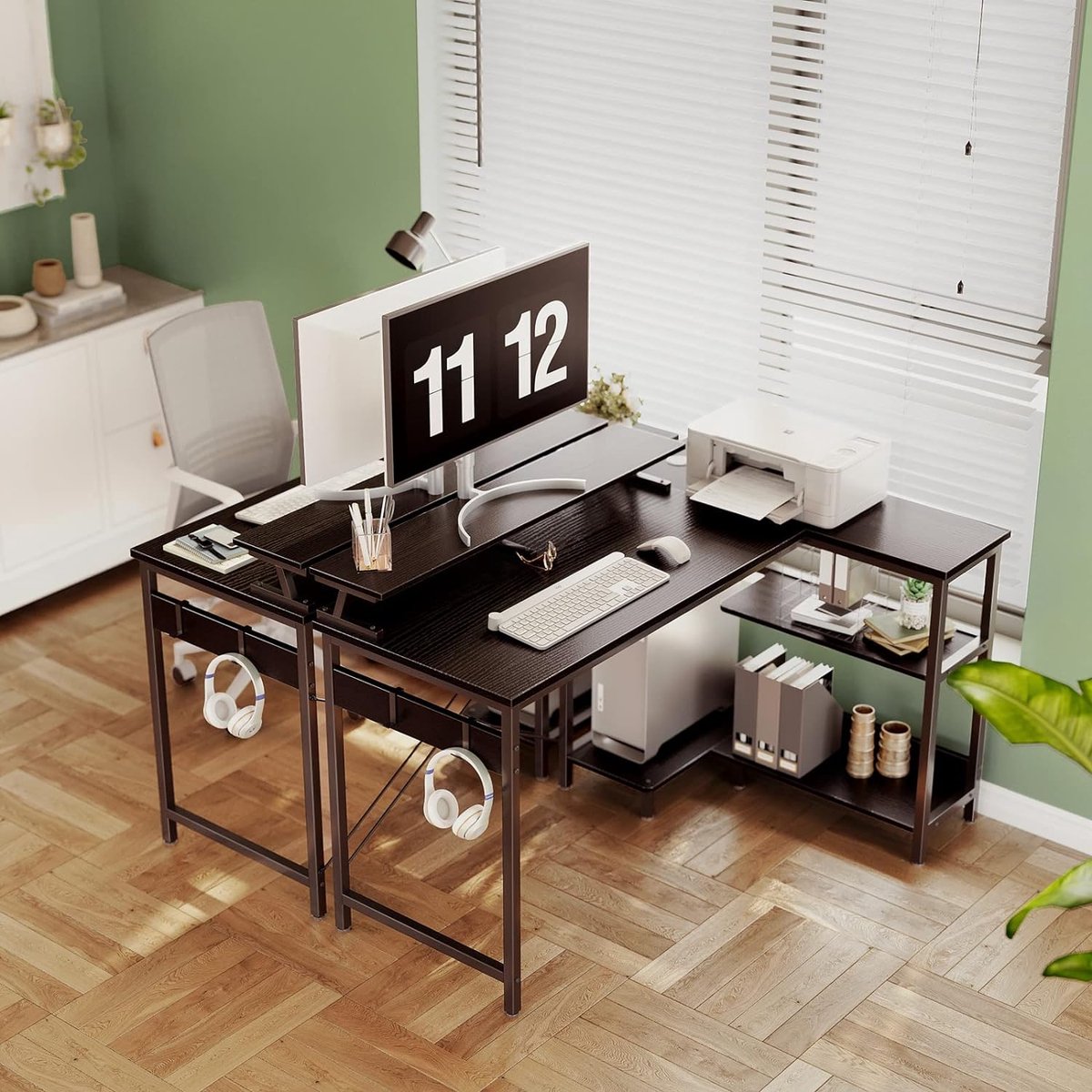 Zwart hoekbureau, L-vormig bureau met rek, omkeerbaar, gametafel, L-vorm met lange monitorstandaard, computerbureau, L-vormig, pc-tafel, kantoortafel voor thuiskantoor, 120 x 80 x 88 cm