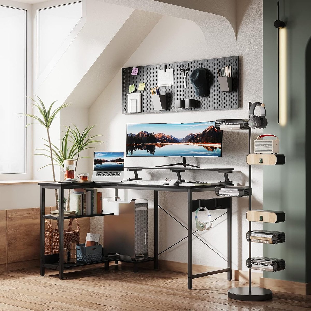 Zwart hoekbureau, L-vormig bureau met rek, omkeerbaar, gametafel, L-vorm met lange monitorstandaard, computerbureau, L-vormig, pc-tafel, kantoortafel voor thuiskantoor, 120 x 80 x 88 cm
