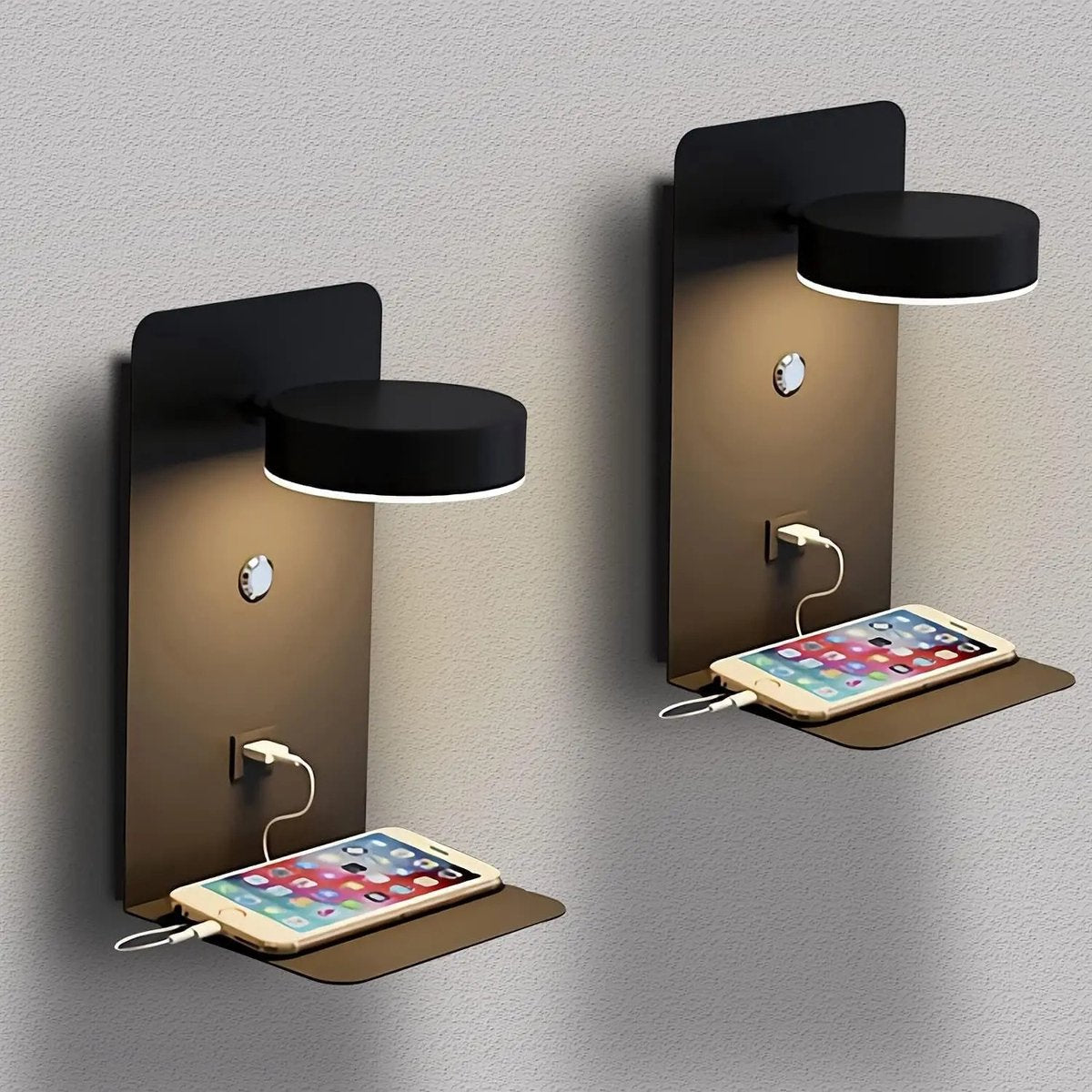 2 stuks Wandlamp slaapkamer - wandlampje - bedlampje - Wandlamp binnen - nachtlampje volwassenen - LED wandlamp - voor naast bed - inclusief USB o-laadpoort - inclusief schakelaar - zwart
