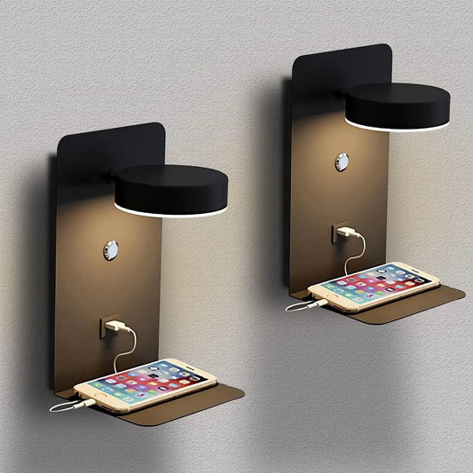 2 stuks Wandlamp slaapkamer - wandlampje - bedlampje - Wandlamp binnen - nachtlampje volwassenen - LED wandlamp - voor naast bed - inclusief USB o-laadpoort - inclusief schakelaar - zwart