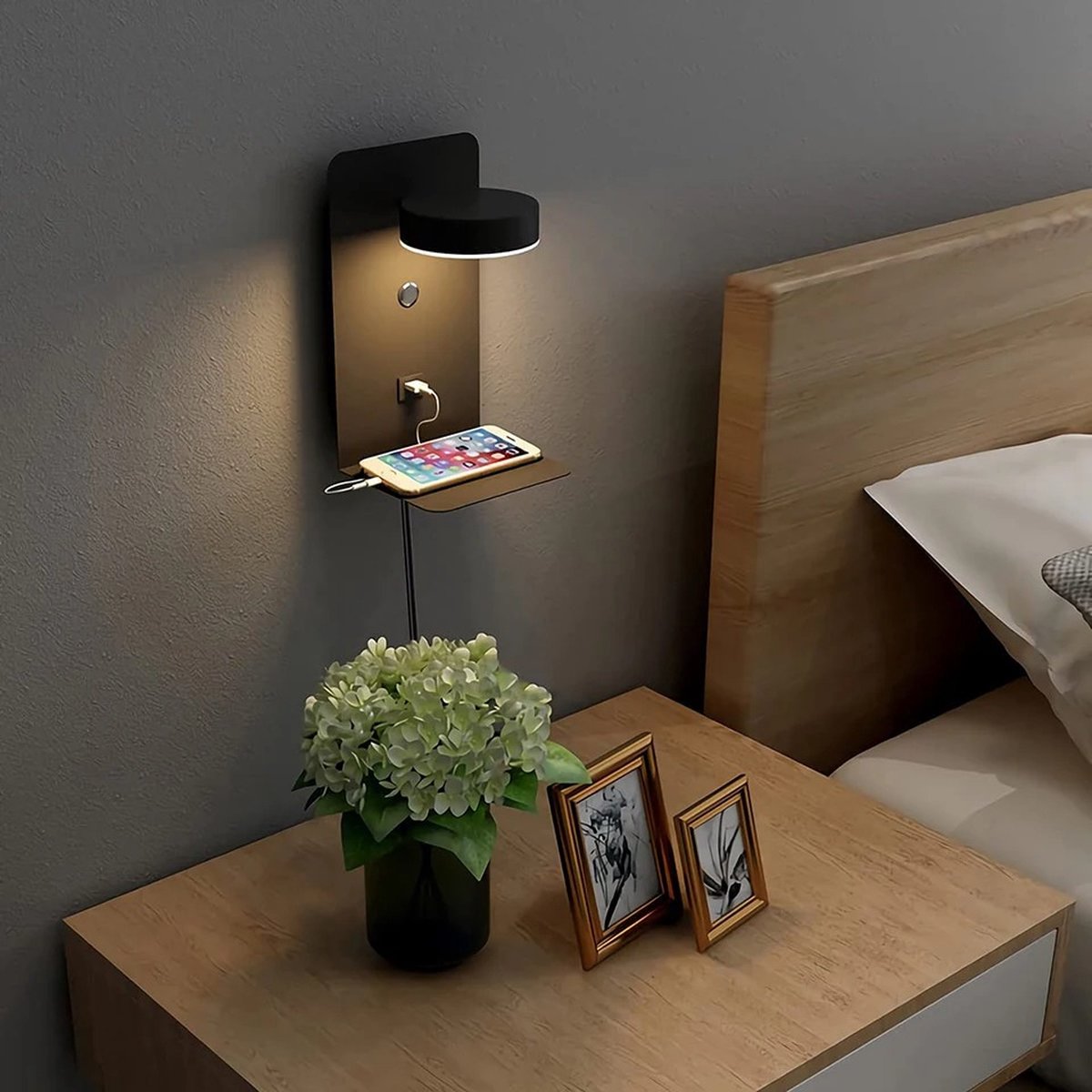 2 stuks Wandlamp slaapkamer - wandlampje - bedlampje - Wandlamp binnen - nachtlampje volwassenen - LED wandlamp - voor naast bed - inclusief USB o-laadpoort - inclusief schakelaar - zwart